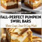 Golden pumpkin cream cheese swirl bars with marbled cheesecake layers and pumpkin brownie texture on a white plate.